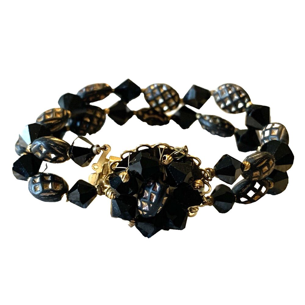 Vintage MARVELLA Black Glass Bead Bracelet Gold Tone Double Strand Box Clasp